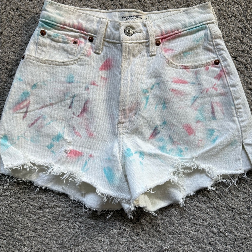 Abercrombie & Fitch Curve Love White Jean Shorts with Pastel Color Splatters